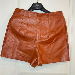 Glam High Waist Faux Leather Shorts in Brown
